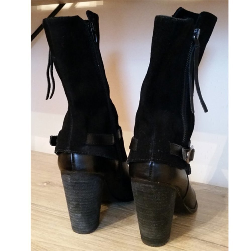 𝅺Kensie Hunter Size 7 Black Suede Leather Zip Boots Chunky Heel Buckle Wrap. - Picture 8 of 9